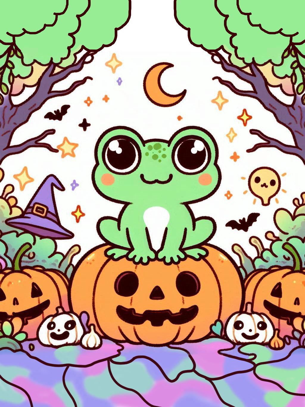 halloween frog drawing ideas showing a cartoon frog sitting on a pumpkin, surrounded by a mysterious enchanted forest with playful Halloween elements.